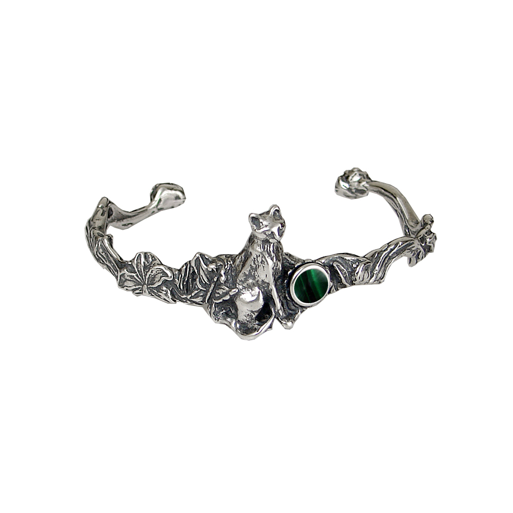 Sterling Silver Cat With Flowers Cuff Bracelet Malachite